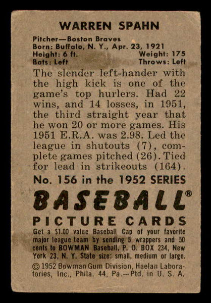 1952 Bowman Baseball #156 Warren Spahn Braves VG-EX 541891