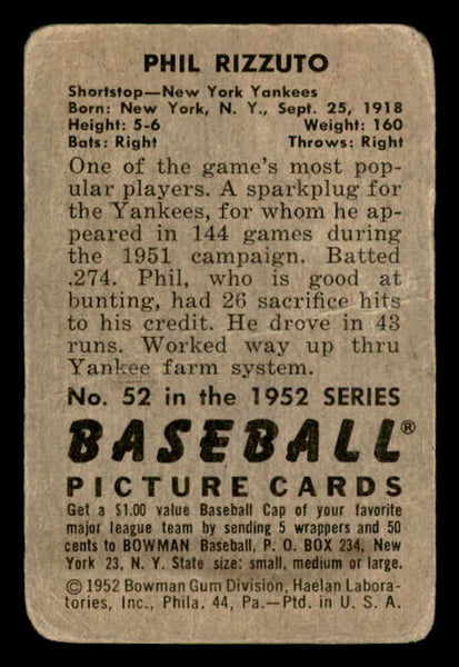 1952 Bowman Baseball #052 Phil Rizzuto Yankees Good 541895