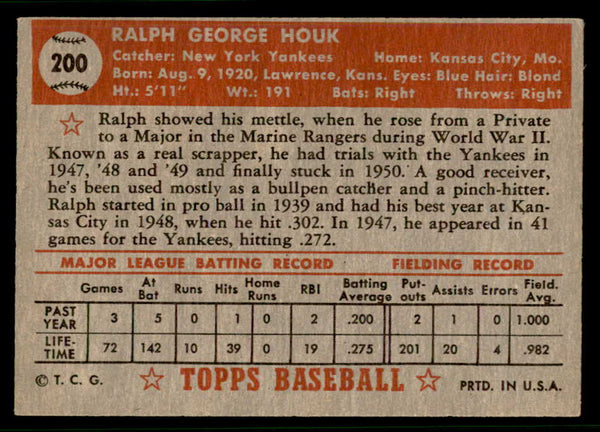 1952 Topps Baseball #200 Ralph Houk Yankees VG 541929