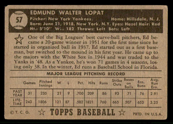 1952 Topps Baseball #057 Eddie Lopat Yankees VG Black 541932