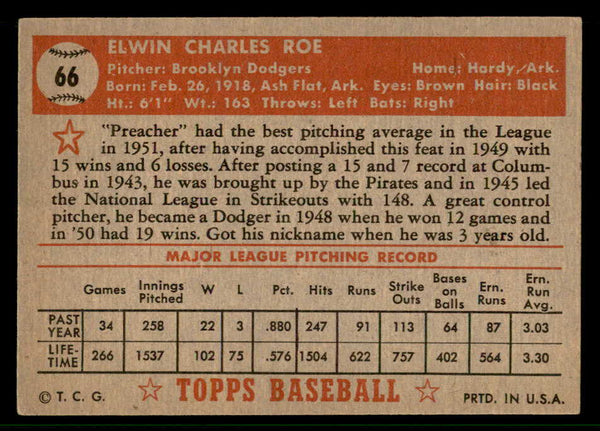 1952 Topps Baseball #066 Preacher Roe Dodgers VG Red 541941