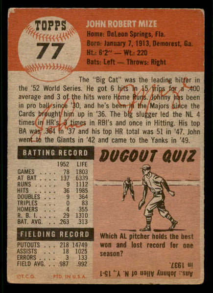 1953 Topps Baseball #077 Johnny Sain Yankees VG 541956