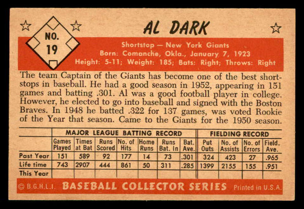 1953 Bowman Color Baseball #019 Al Dark Giants EX-MT 542001
