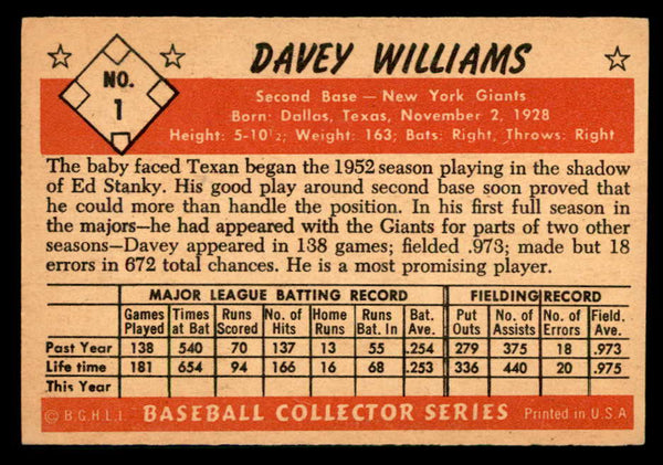1953 Bowman Color Baseball #001 Davey Williams Giants VG-EX 542005