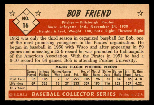 1953 Bowman Color Baseball #016 Bob Friend Pirates VG trimmed 542008