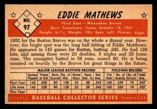 1953 Bowman Color Baseball #097 Eddie Mathews Braves VG trimmed 542011