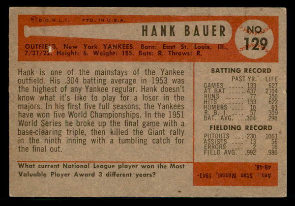 1954 Bowman Baseball #129 Hank Bauer Yankees EX+/EX-MT 542026