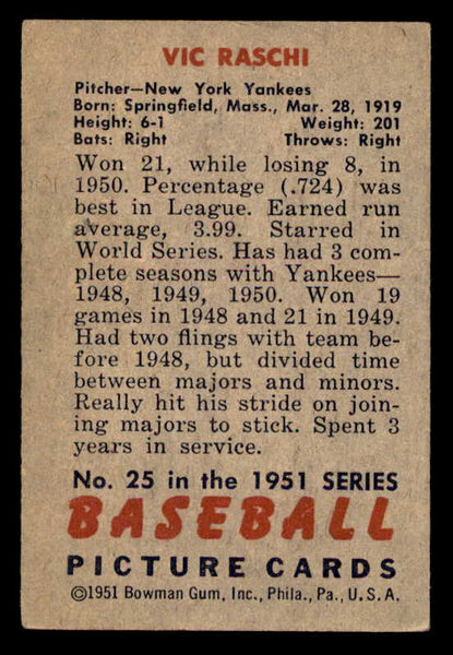 1951 Bowman Baseball #025 Vic Raschi Yankees VG-EX 542041