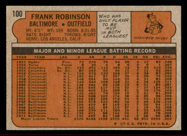 1972 Topps Baseball #100 Frank Robinson Orioles VG-EX 542148