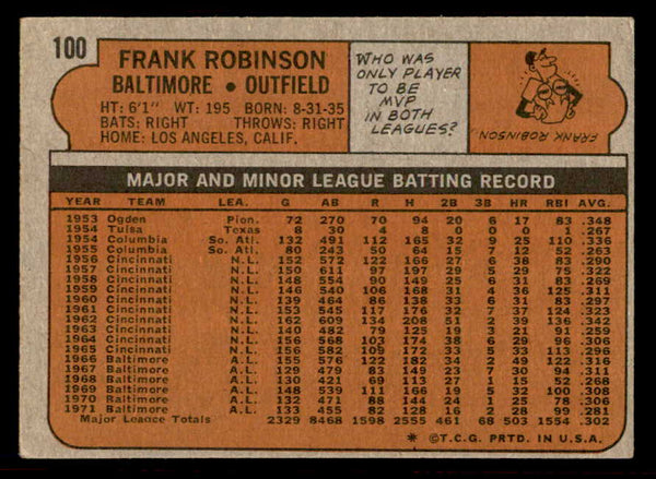 1972 Topps Baseball #100 Frank Robinson Orioles EX-MT 542150
