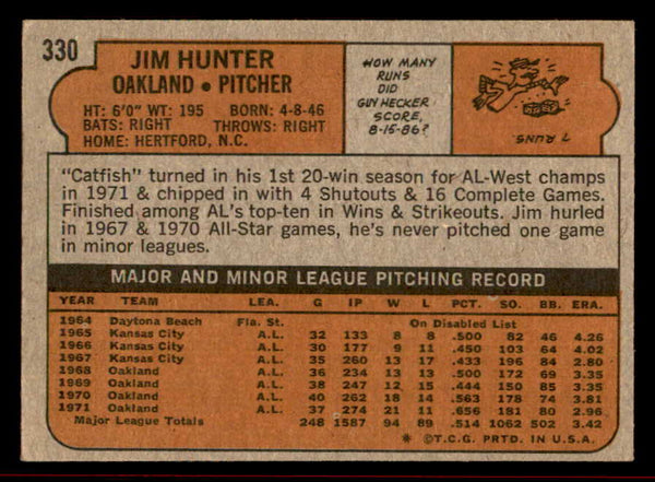 1972 Topps Baseball #330 Catfish Hunter A's VG-EX 542172