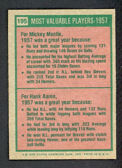 1975 Topps Baseball #195 Mickey Mantle Hank Aaron EX-MT 542257