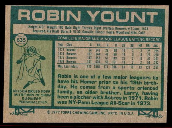 1977 Topps Baseball #635 Robin Yount Brewers EX-MT 542265