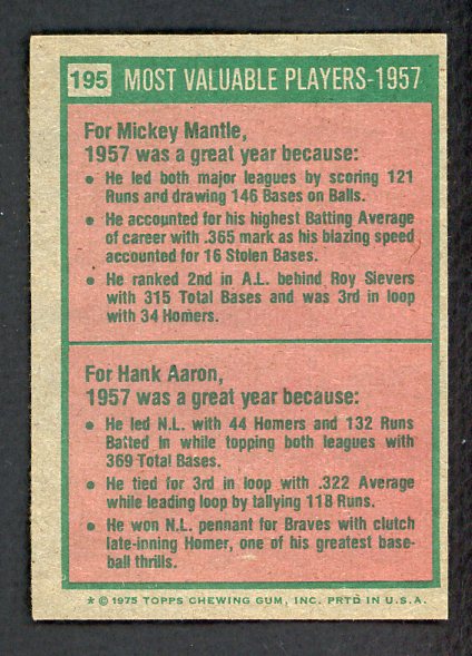 1975 Topps Baseball #195 Mickey Mantle Hank Aaron EX 542267
