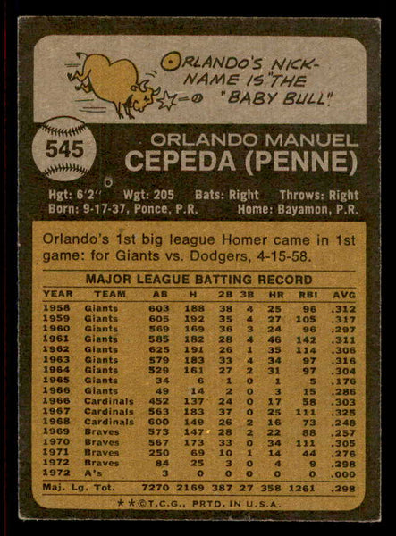 1973 Topps Baseball #545 Orlando Cepeda A's EX 542301