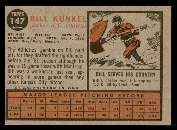 1962 Topps Baseball #147 Bill Kunkel A's EX Variation 542342