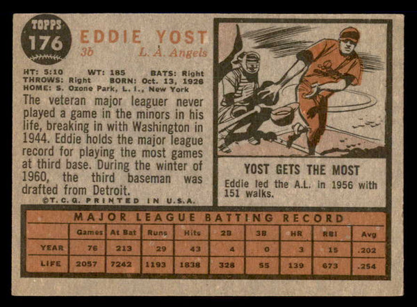 1962 Topps Baseball #176 Eddie Yost Angels EX Variation 542343