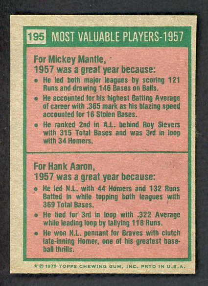 1975 Topps Baseball #195 Mickey Mantle Hank Aaron EX-MT 542358