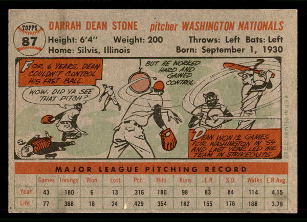 1956 Topps Baseball #087 Dean Stone Senators EX-MT Gray 542399