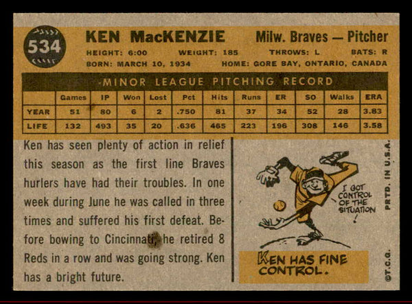 1960 Topps Baseball #534 Ken MacKenzie Braves NR-MT 542675