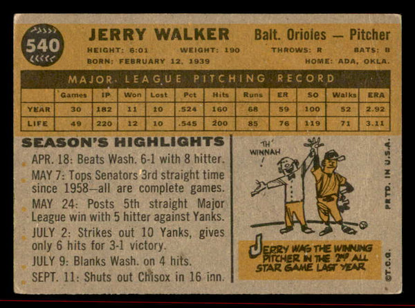 1960 Topps Baseball #540 Jerry Walker Orioles VG-EX 542751