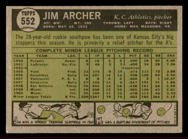 1961 Topps Baseball #552 Jim Archer A's VG-EX 542804