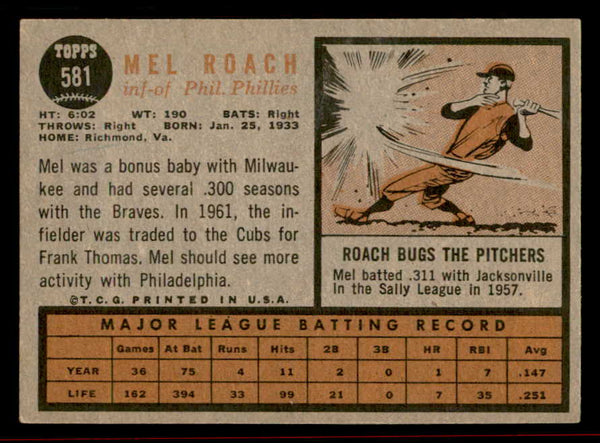 1962 Topps Baseball #581 Mel Roach Phillies VG-EX/EX 542840