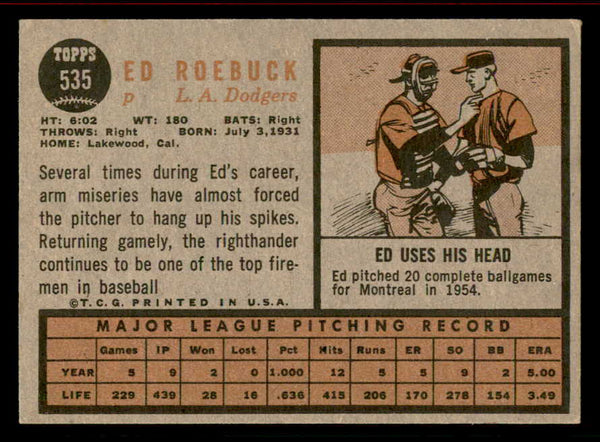 1962 Topps Baseball #535 Ed Roebuck Dodgers VG-EX 542849