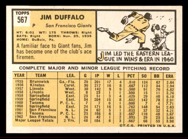 1963 Topps Baseball #567 Jim Duffalo Giants EX-MT 542929
