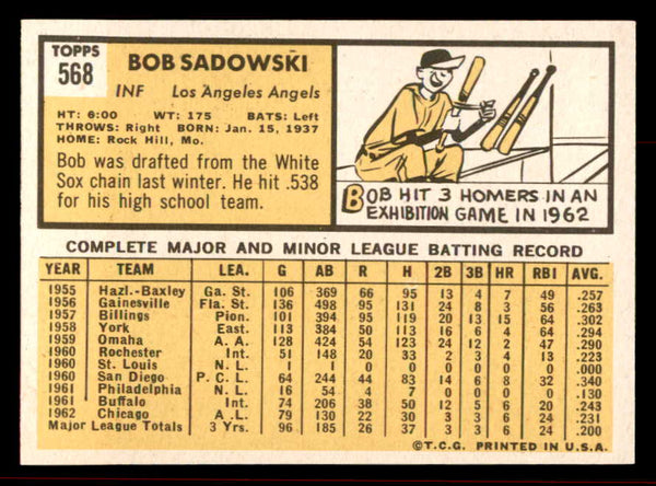 1963 Topps Baseball #568 Bob Sadowski Angels EX-MT 542930