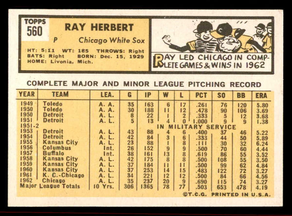 1963 Topps Baseball #560 Ray Herbert White Sox VG-EX/EX 542940