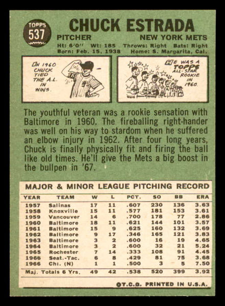 1967 Topps Baseball #537 Chuck Estrada Mets NR-MT 542952