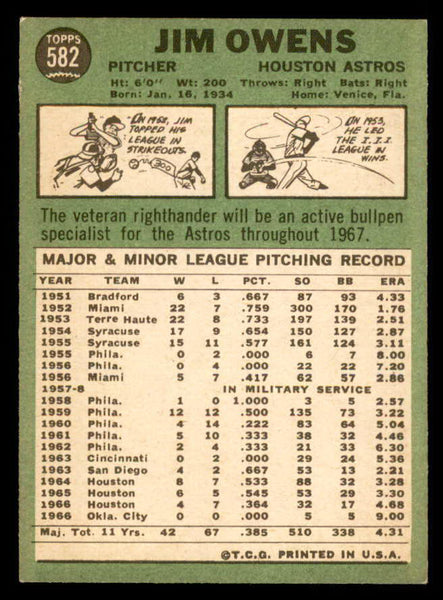 1967 Topps Baseball #582 Jim Owens Astros NR-MT 542985