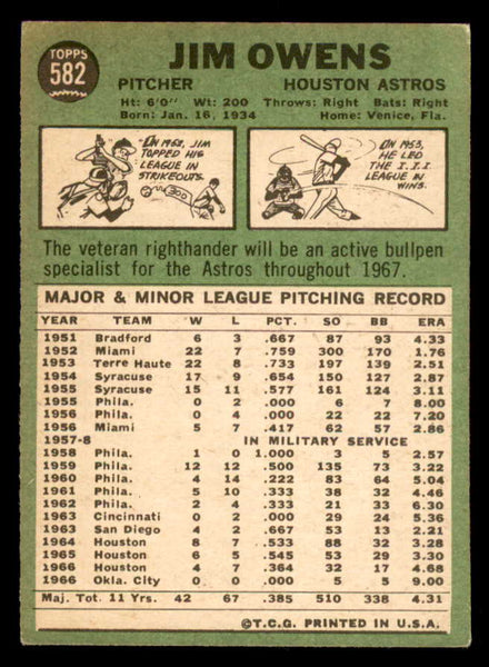 1967 Topps Baseball #582 Jim Owens Astros VG-EX/EX 543061