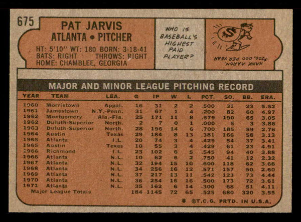 1972 Topps Baseball #675 Pat Jarvis Braves NR-MT 543093