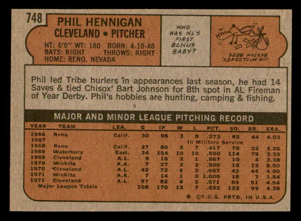 1972 Topps Baseball #748 Phil Hennigan Indians NR-MT 543122