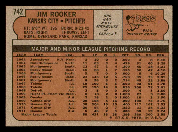 1972 Topps Baseball #742 Jim Rooker Royals VG-EX 543173