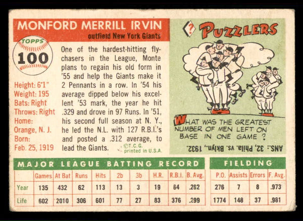 1955 Topps Baseball #100 Monte Irvin Giants VG 543248