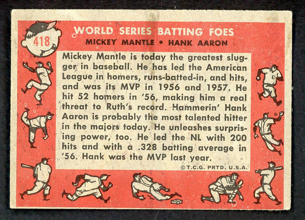 1958 Topps Baseball #418 Mickey Mantle Hank Aaron VG-EX 543296