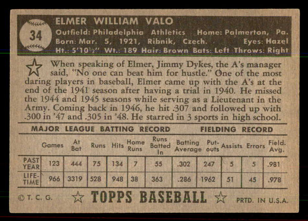 1952 Topps Baseball #034 Elmer Valo A's EX-MT Black 544125