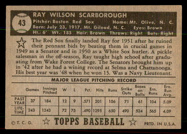 1952 Topps Baseball #043 Ray Scarborough Red Sox EX-MT Black 544132