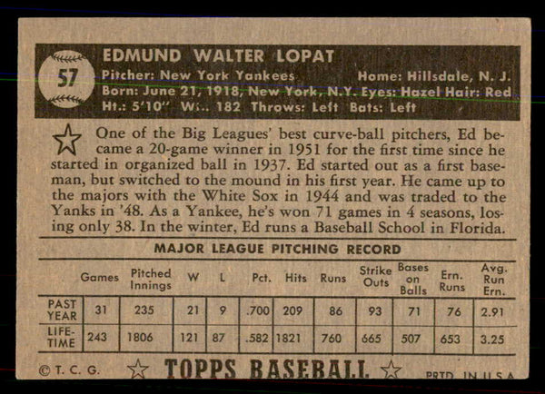 1952 Topps Baseball #057 Eddie Lopat Yankees VG-EX Black 544140