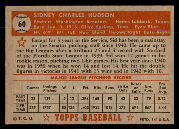 1952 Topps Baseball #060 Sid Hudson Senators EX-MT Red 544142