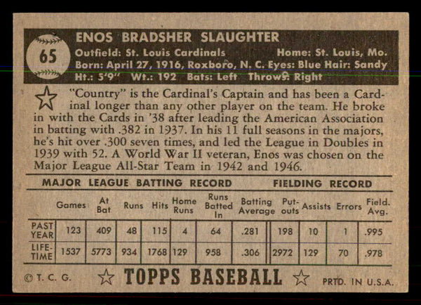 1952 Topps Baseball #065 Enos Slaughter Cardinals EX-MT Black 544146