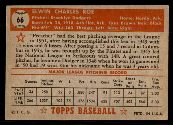 1952 Topps Baseball #066 Preacher Roe Dodgers EX-MT Red 544147