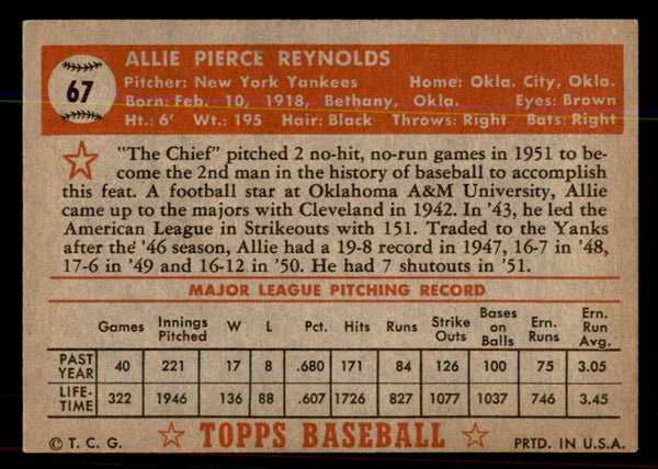1952 Topps Baseball #067 Allie Reynolds Yankees EX-MT Red 544148