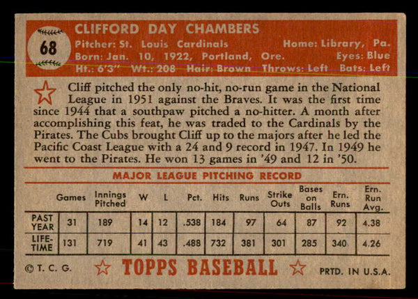 1952 Topps Baseball #068 Cliff Chambers Cardinals EX-MT Red 544149