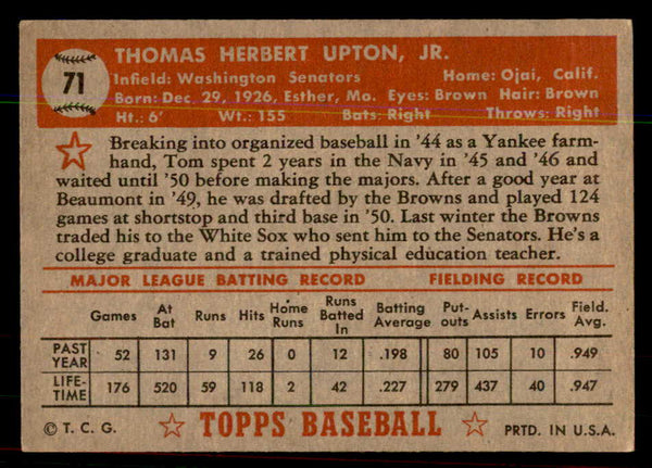 1952 Topps Baseball #071 Tom Upton Senators EX-MT Red 544151