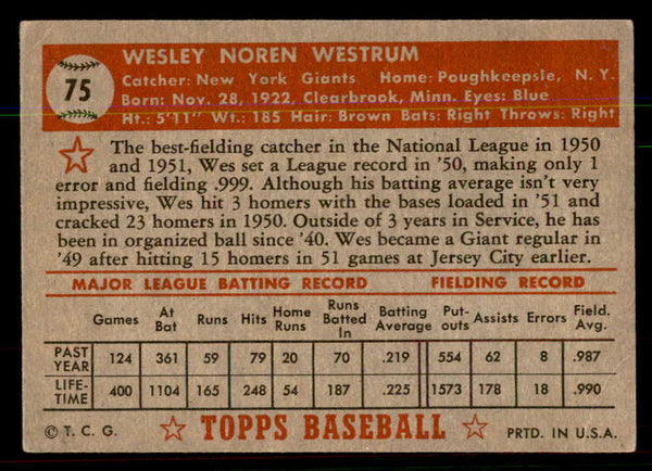 1952 Topps Baseball #075 Wes Westrum Giants VG-EX Red 544153
