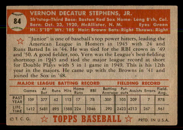 1952 Topps Baseball #084 Vern Stephens Red Sox EX-MT 544160